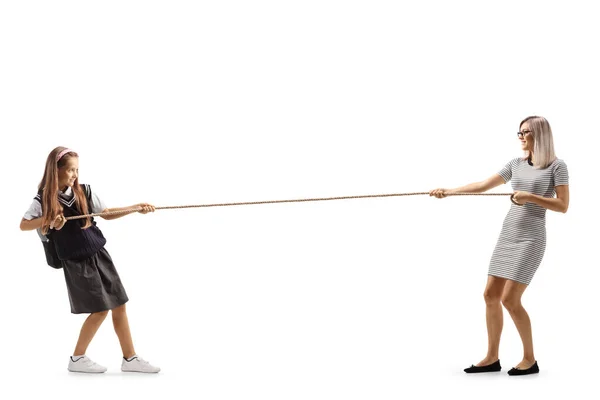 Full Length Profile Shot Little Girl Young Woman Pulling Rope — Stock Photo, Image