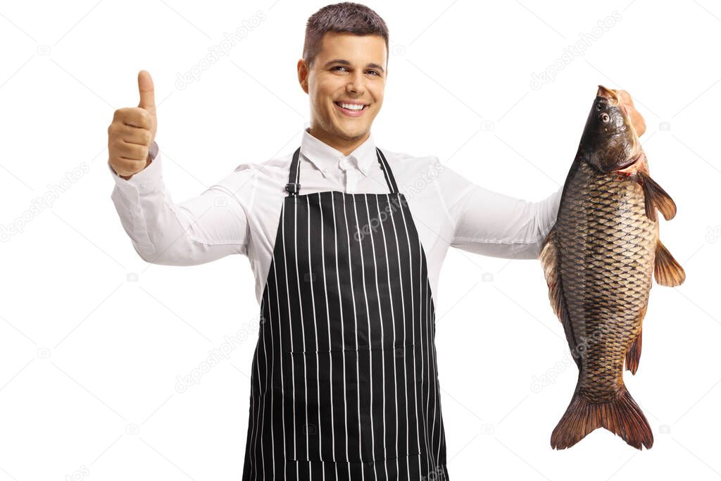 Man wearing an apron, holding a big carp fish and gesturing thumbs up isolated on white background