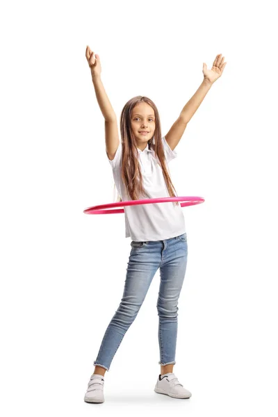 Boldog Lány Spinning Hula Karika Elszigetelt Fehér Háttér — Stock Fotó