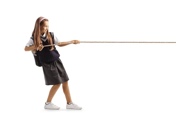 Perfil Comprimento Total Tiro Uma Estudante Puxando Uma Corda Isolada — Fotografia de Stock