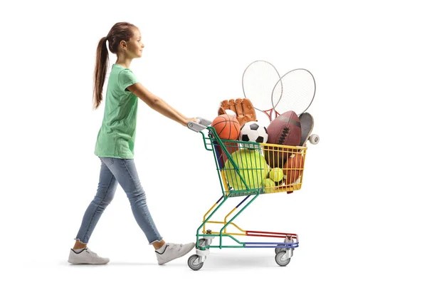 Imagen Perfil Completo Una Niña Empujando Mini Carrito Compras Con — Foto de Stock