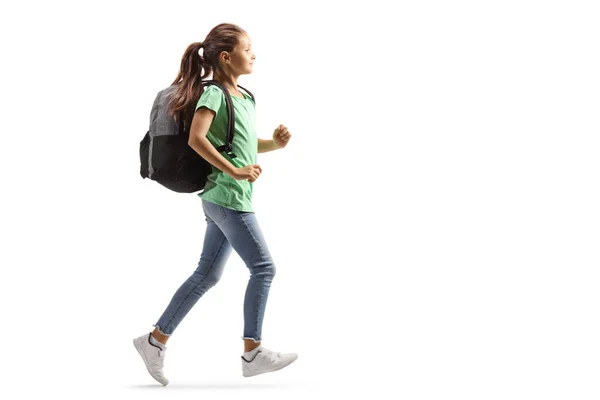 Perfil Comprimento Total Tiro Uma Menina Com Uma Mochila Correndo — Fotografia de Stock