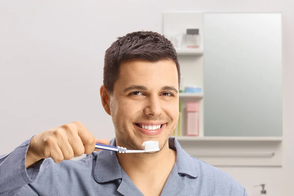 Young Man Holding Toothbrush Toothpaste Bathroom — Stock Photo, Image