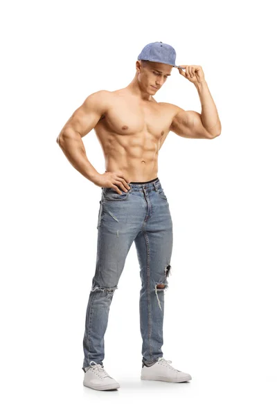 Tiro Comprimento Total Homem Topless Jeans Boné Isolado Fundo Branco — Fotografia de Stock