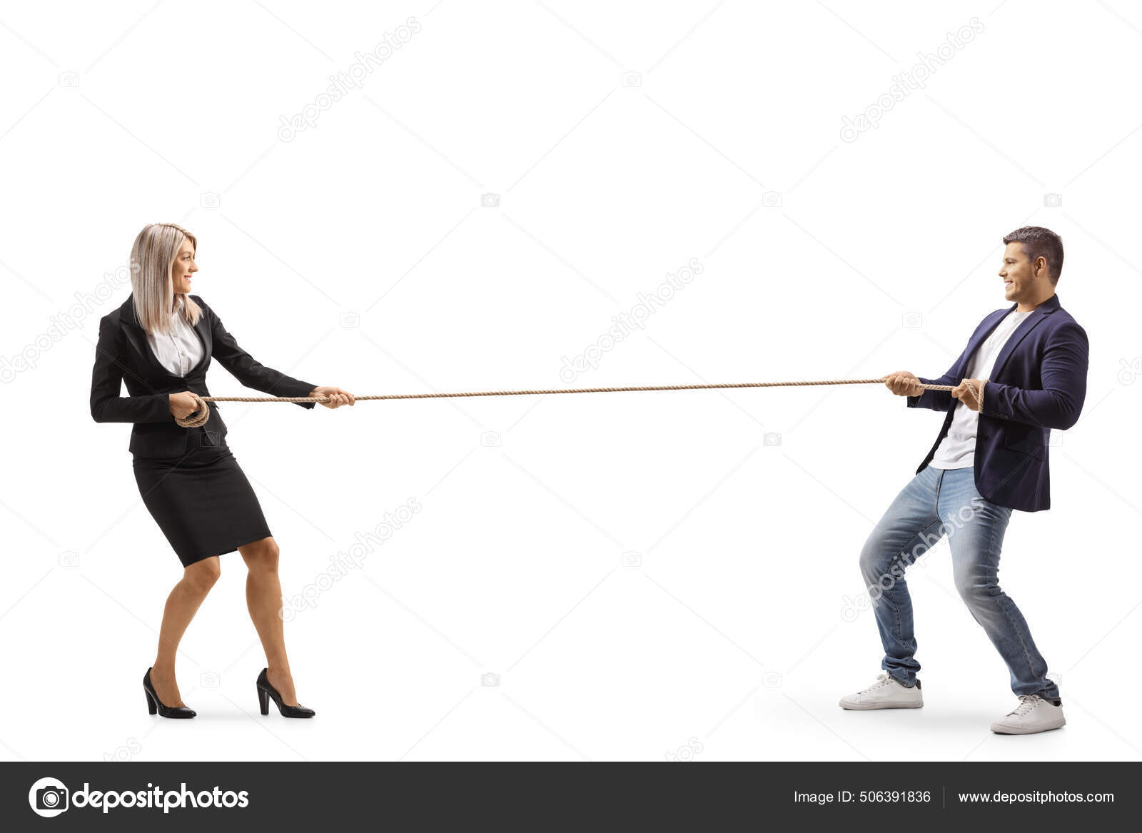 Full Length Profile Shot Businesswoman Casual Man Pulling Rope Isolated —  Stock Photo © ljsphotography #506391836