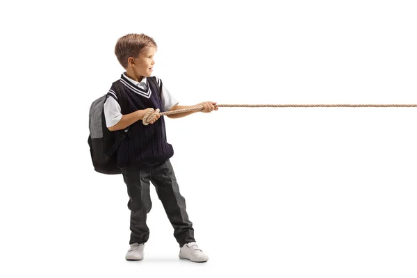 Full Length Profile Shot Little Schoolboy Pulling Rope Isolated White — Stock Photo, Image