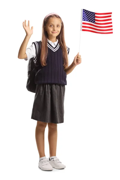 Ganztägiges Porträt Eines Schulmädchens Das Eine Flagge Der Hand Hält — Stockfoto