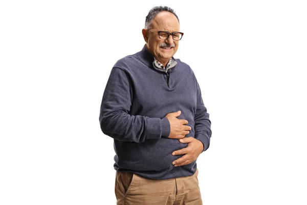 Mature Man Holding His Painfull Belly Isolated White Background — Stock Photo, Image