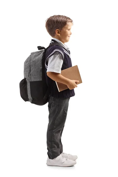 Perfil Comprimento Total Tiro Estudante Uniforme Segurando Livro Isolado Fundo — Fotografia de Stock