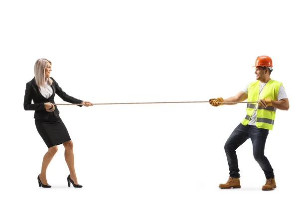 Full Length Profile Shot Construction Worker Businesswoman Pulling Rope Isolated — Stock Photo, Image