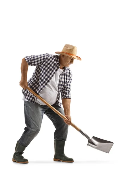 Volledige Opname Van Een Boer Graven Met Een Schop Geïsoleerd — Stockfoto