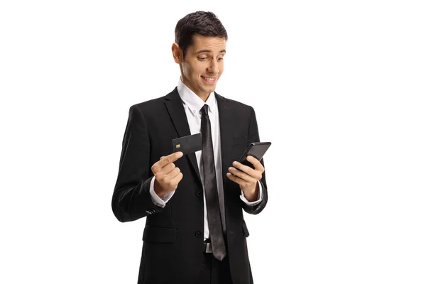 Amazed Businessman Smartphone Using Credit Card Isolated White Background — Stock Photo, Image