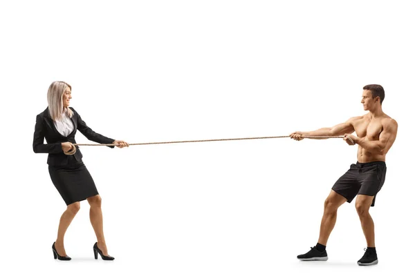 Full Length Profile Shot Businesswoman Pulling Rope Bodybuilder Isolated White — Stock Photo, Image