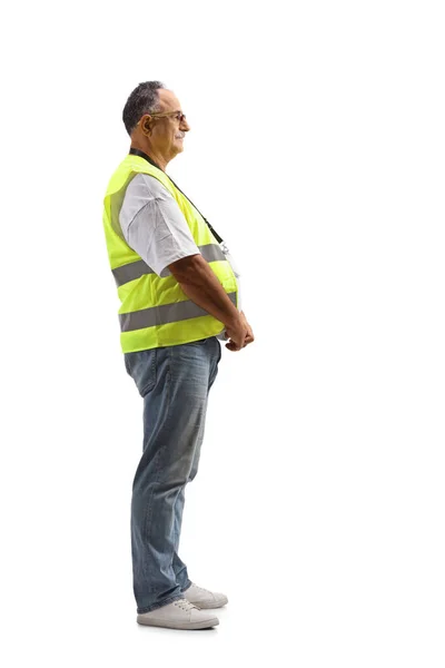 Full Length Profile Shot Mature Security Officer Safety Vest Standing — Stock Photo, Image