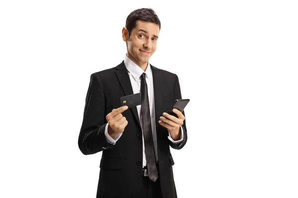 Satisfied Young Businessman Holding Smartphone Credit Card Isolated White Background — Stock Photo, Image