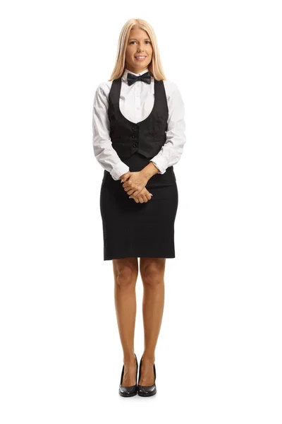 Portrait Complet Une Serveuse Uniforme Posant Isolée Sur Fond Blanc — Photo