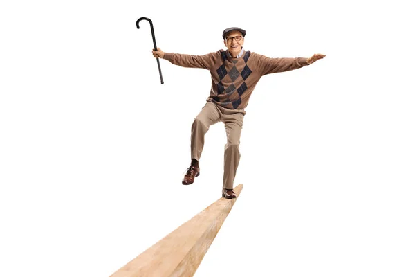 Full Length Shot Senior Standing Wooden Beam Keeping Balance Walking — Stock Photo, Image