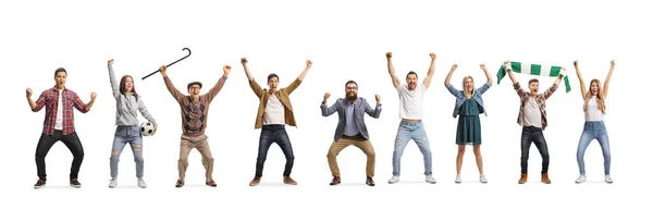 Gente Casual Aficionados Fútbol Animando Haciendo Gestos Felicidad Aislados Sobre — Foto de Stock