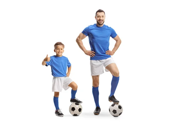 Treinador Futebol Menino Com Uma Bola Futebol Gesticulando Polegares Isolados — Fotografia de Stock