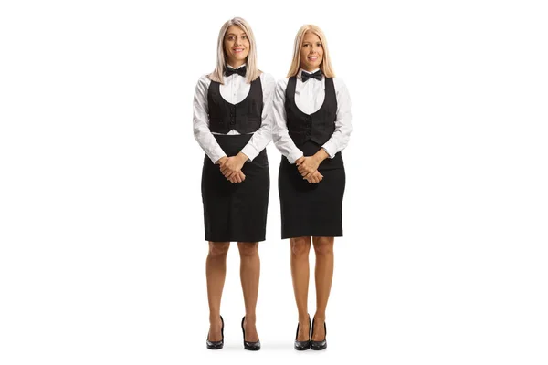 Duas Garçonetes Femininas Uniforme Posando Isoladas Fundo Branco — Fotografia de Stock