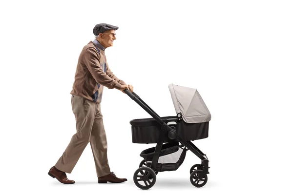 Foto Perfil Completo Abuelo Caminando Con Una Silla Paseo Aislada — Foto de Stock