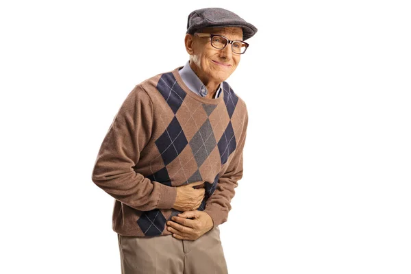Ηλικιωμένος Άνδρας Που Αντιμετωπίζει Κοιλιακό Άλγος Που Απομονώνεται Λευκό Φόντο — Φωτογραφία Αρχείου