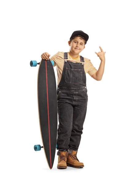 Full Length Portrait Shot Cool Boy Posing Longboard Gesturing Rock — Stock Photo, Image