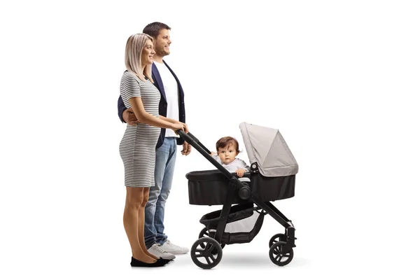 Full Length Profile Shot Young Man Woman Baby Pushchair Isolated — Stock Photo, Image