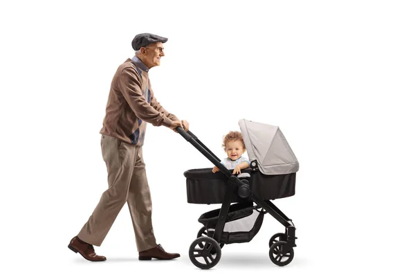 Full Length Profile Shot Elderly Man Pensioner Walking Pushing Pushchair — Stock Photo, Image