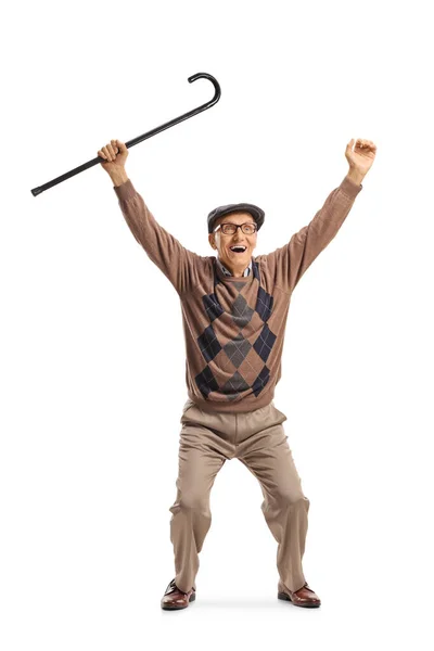 Full Length Portrait Happy Elderly Man Lifting Cane Isolated White — Stock Photo, Image