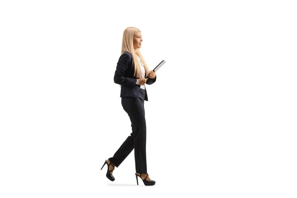 Full Length Profile Shot Young Professional Woman Suit High Heels — Stock Photo, Image