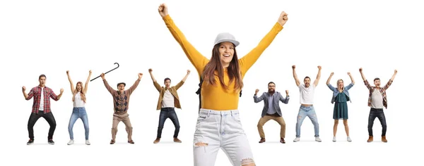 Studentessa Sorridente Giovani Anziani Gesticolando Felicità Isolata Sfondo Bianco — Foto Stock