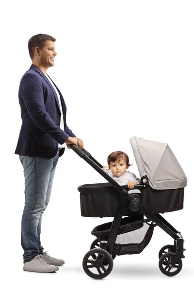 Full Length Profile Shot Young Father Cute Baby Stroller Isolated — Stock Photo, Image