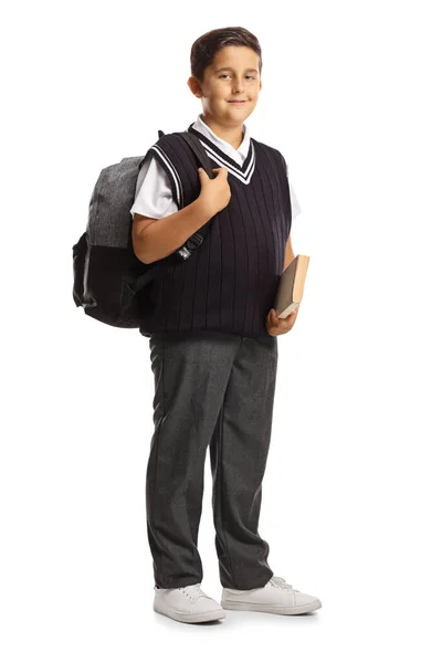 Full Length Portrait Male Pupil School Uniform Holding Book Carrying — Stock Photo, Image