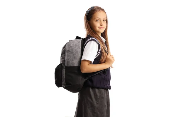 Seitenaufnahme Eines Hübschen Schulmädchens Mit Einem Rucksack Auf Weißem Hintergrund — Stockfoto