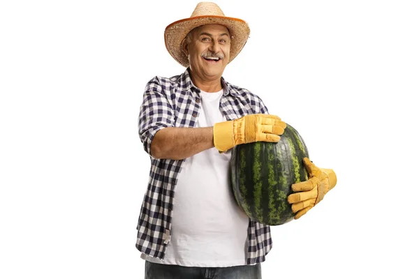 Cheerful Farmer Straw Hat Holding Big Watermelon Isolated White Background — Stock Photo, Image