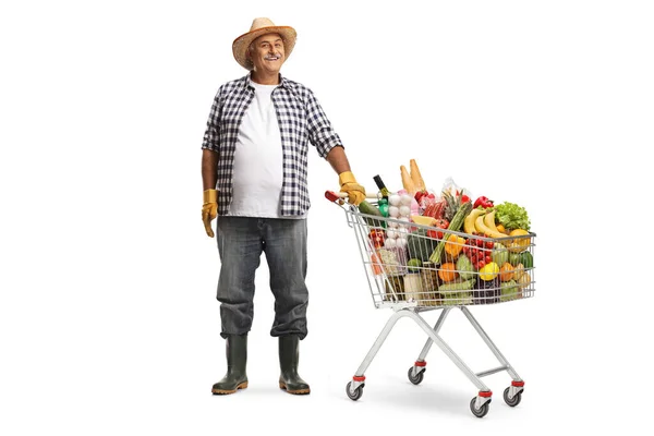 Boer Poseren Met Een Winkelwagen Vol Levensmiddelen Geïsoleerd Witte Achtergrond — Stockfoto