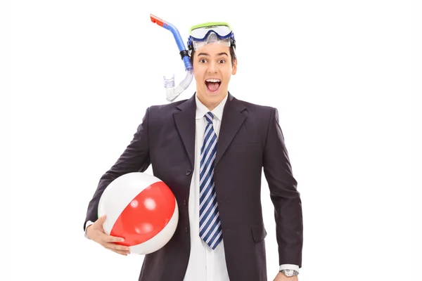 Businessman with diving equipment and ball — Stock Photo, Image