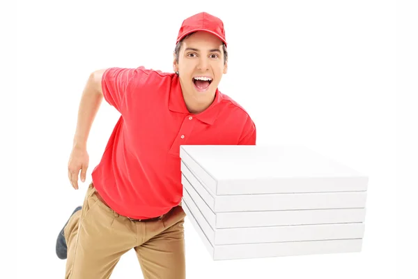 फास्ट पिज्जा वितरण आदमी चल रहा है — स्टॉक फ़ोटो, इमेज