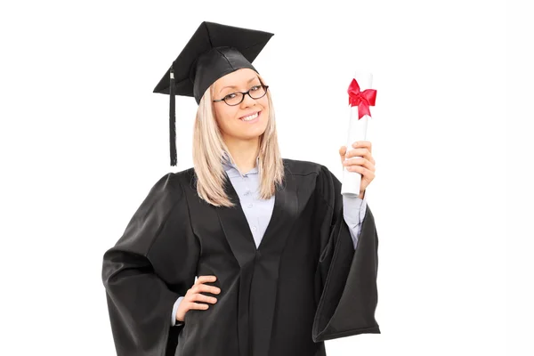 Female student holding diploma — Stock Photo, Image