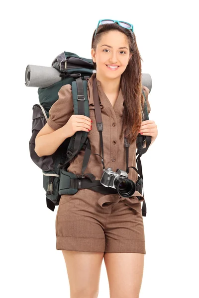 Vrouw met hiking uitrusting — Stockfoto