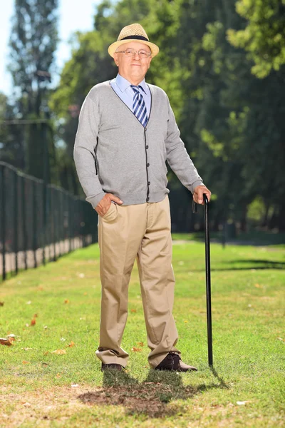 Senior med käpp i park — Stockfoto