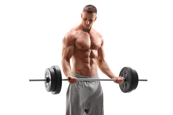 Handsome bodybuilder exercising with barbell