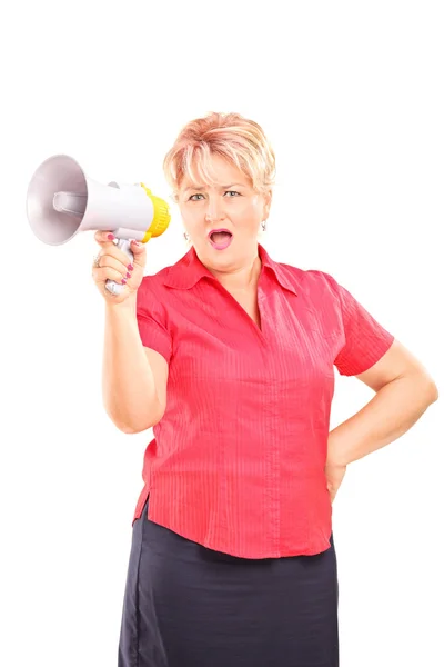 Mature lady speaking on megaphone — Stock Photo, Image