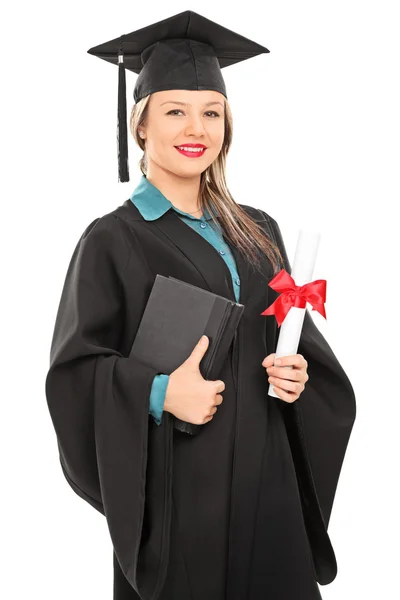Female graduate student holding diploma — Stock Photo, Image