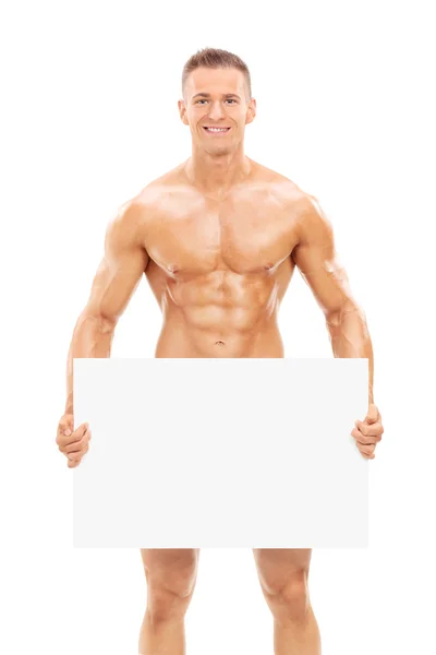Naked man holding blank banner — Stock Photo, Image