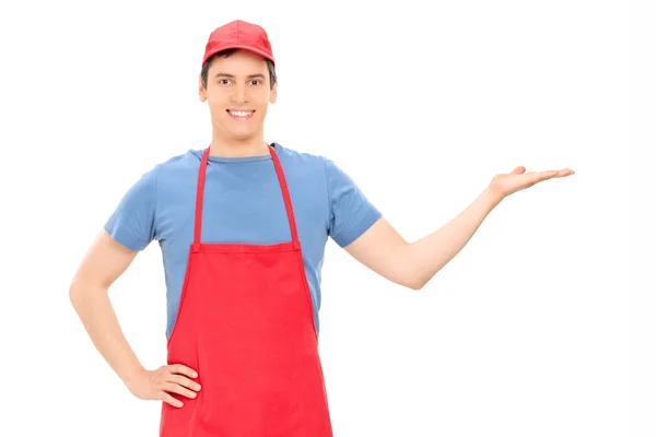 Male vendor gesturing with hand — Stock Photo, Image