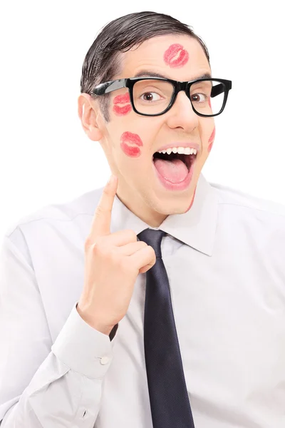 Guy showing the kiss marks on face — Stock Photo, Image