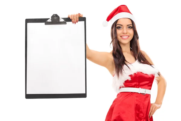 Vrouw in Santa kostuum houden van Klembord — Stockfoto
