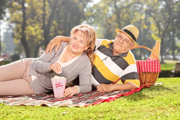 成熟的夫妇享受在公园野餐 — 图库照片